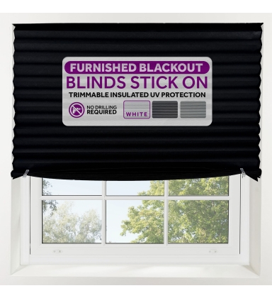 FURNISHED Blackout Blinds Stick On - Portable No Drill Blind, Temporary Blackout Cover, No Drilling Pleated Shades, Stick-on Black Out Blinds Window, Removable Blockout Shutters, Black, 130W x 150H cm